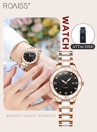 Women's Quartz Watch with Ceramic Steel Strap, Analog Display Round Dial with Calendar, Luminous Waterproof Luxurious Wristwatch as Gift for Ladies 