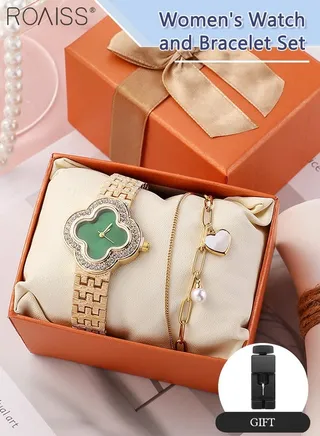 2PCS Women's Alloy Strap Bracelet Watch Set Analog Display Flower Dial Quartz Watch with Heart Bracelet Decorated with Pearl Elegant Watch Set as Gift for Ladies 