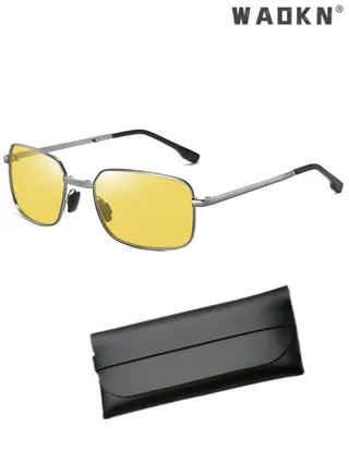 Men's Polarized Rectangular Sunglasses UV400 Protection Sun Glasses with Metal Frame Color Changing Night Driving Glasses for Men Golfing Fishing Traveling Anti-glare lens 
