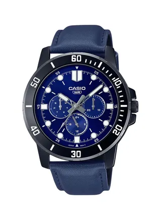 Analog Round Waterproof Wrist Watch With Leather Strap MTP-VD300BL-2EUDF 