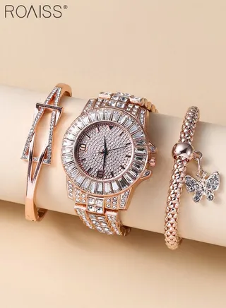 3PCS Women's Steel Strap Bracelet Watch Set, Analog Display Round Dial Quartz Watch with Bracelets and Rhinestones Decoration, Luxurious Watch as Gift for Women, Rose Gold 