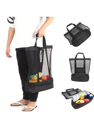 Mesh Beach and Picnic Tote Bag with Insulated Compartment 