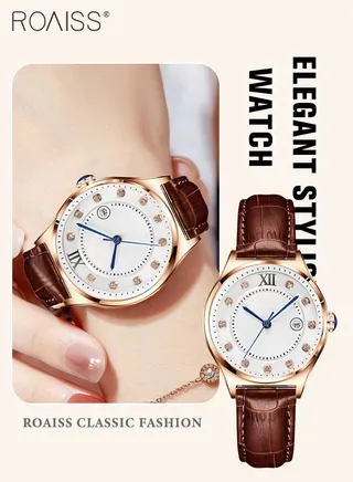 Women's Leather Strap Quartz Watch Analog Display Round Dial with Rhinestones Decoration Waterproof Elegant Wristwatch as Gift for Ladies, Brown, 1 Pc 