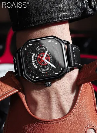 Men's Leather Strap Quartz Watch, Analog Display Square Shape Dial Watch with Date and Week Display, Waterproof Luminous Watch as Gift for Men 