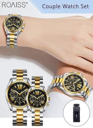 Alloy Strap Couple Quartz Watch Set, Analog Display Round Dial with Three Subdials Decoration, Luxurious Luminous Waterproof Calendar Watch Gift for Men Women, Black 