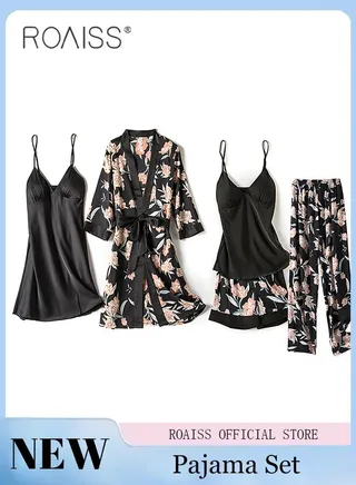 5-Pack Women's Pajama Sets Sling with Chest Pad Nightdress Sweet Sleepwear Home Wearing Clothes Suits Ladies Floral Printing Nightwear Lingerie Robe Underwear Shorts Summer Spring Black 