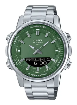 Analog & Digital Stainless Steel Silver Band Green Dial Quartz Wrist Watch For Men's AMW-880D-3A -52mm silver 