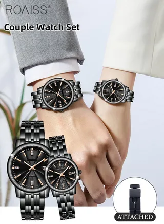 Stainless Steel Strap Quartz Couple Watch Set, Analog Display Round Dial, Waterproof Luminous Exquisite Wristwatch with Calendar, Suitable for Men Women 