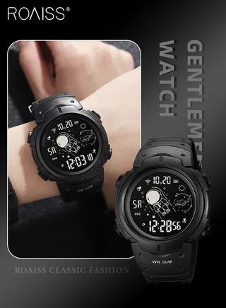 PU Strap Digital Sports Watch, Multifunctional Waterproof LED Wrist Watch with Black Round Shape Dial as Gift for Men/Women 