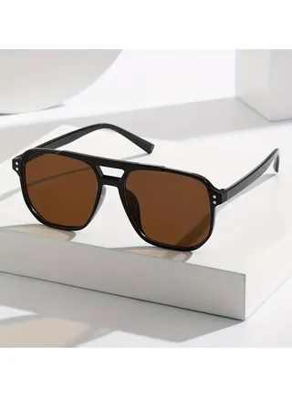 Rivet Double Beam Square Fashion Sunglasses Unisex Trendy Concave Shape Retro Shades 