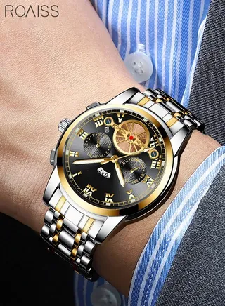 Mens Stainless Steel Strap Quartz Watch Analog Display Round Black Dial Waterproof Luminous Luxurious Wristwatch as Gifts 