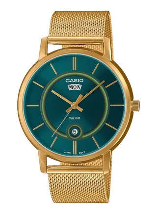 Men Watch Analog Green Dial Stainless Steel Mesh Gold Ion plated Band And Case MTP-B120MG-3AVDF 