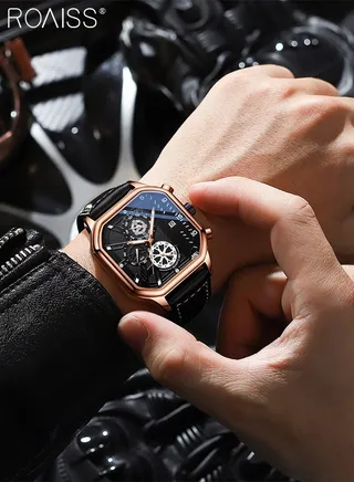 Men's Leather Strap Quartz Watch Analog Display Square Dial Chronograph Waterproof Luminous Wristwatch as Gift for Men 