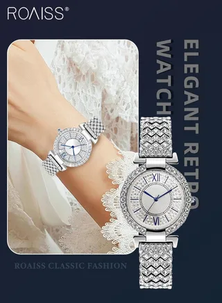 Women's Bracelet Strap Quartz Watch Analog Display Round Dial Watch with Full Rhinestone Decoration Waterproof Elegant Gift for Ladies 