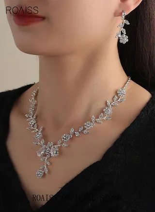 3 Pcs Rhinestone Necklace Earrings Set Rose Flower Zircon Pendant Drop Dangle Bridal Evening Dress Accessories for Women Silver/Clear 