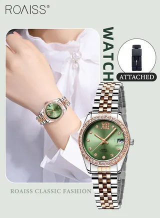 Women's Steel Band Quartz Watch, Analog Display Round Green Dial with Diamonds Decoration, Waterproof Luxurious Fashion Wristwatch as Gift for Ladies 