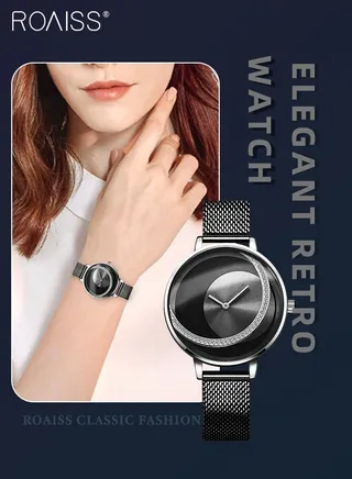 Women's Mesh Strap Quartz Watch, Analog Display Round Dial Watch with Color Block Texture, Waterproof Elegant Watch as Gift for Women 