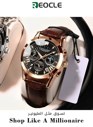 Men's Chronograph Quartz Watches Leather Strap Gold Case with Day Date Waterproof Stainless Steel Wrist Watch Luminous Hand Analog Watches for Men Black Dial 