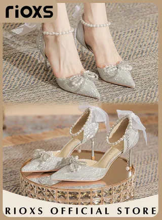 Women's Fashion Rhinestones High Heels Ankle Strap Pointed Closed Toe Chunky High Heel Pump for Wedding Party 