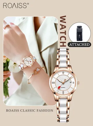 Women's Ceramic Strap Quartz Watch, Analog Display Round Dial with Arrow-shaped Seconds Hand, Luminous Waterproof Luxurious Wristwatch as Gift for Ladies 