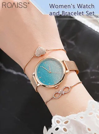 3PCS Women's Alloy Strap Bracelet Watch Set Analog Display Round Gradient Light Blue Dial Quartz Watch with Rhinestones Bracelets Elegant Watch Set as Gift for Ladies 