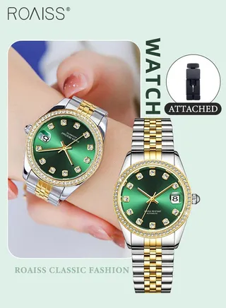 Women's Steel Band Mechanical Watch, Analog Display Round Dial with Diamond Decoration, Waterproof Luxurious Wristwatch with Calendar as Gift for Women 