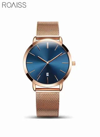 Women's Stainless Steel Mesh Strap Quartz Watch Analog Display Round Blue Dial Waterproof Elegant Wristwatch as Gift for Ladies 