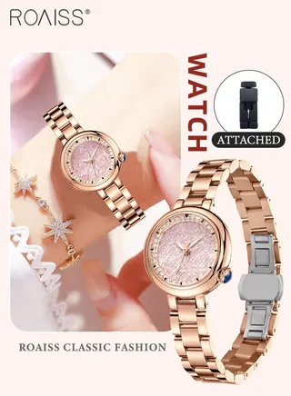 Women's Steel Strap Quartz Watch Analog Display Round Pink Shiny Dial with Rhinestones Decoration Waterproof Luxurious Wristwatch as Gift for Ladies 
