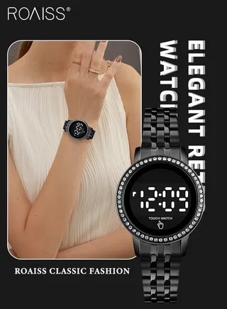 Women's Digital Touch Screen Watch Led Display Round Dial with Rhinestones Decorated Bezel Waterproof Luminous Stainless Steel Strap Wristwatch with Calendar Display, Black 