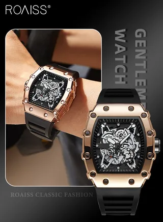 Men's Rubber Strap Quartz Watch Analog Display Barrel-Shaped Dial with Skeletonized Mechanical Design Waterproof Luminous Sports Wristwatch as Gift for Men 