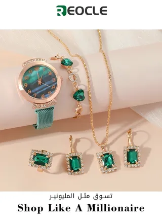 Women's Watch Bracelet Jewelry Set with Diamond Watch & Bracelet & Emerald Necklace & Earrings & Rings Premium Crystal Accented Bangle Watch and Bracelet Set for Ladies 