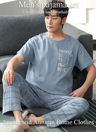 2-Piece Men's Pajamas Sets with Short Sleeves Grid Printing Trousers Males Round Neck Sleepwear Cotton Nightgown Loungewear  Homewear Clothes 