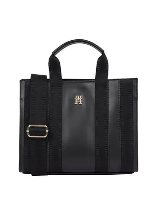 Women's Tonial Stripe Small Tote Handbag -  Polyurethane, Black 