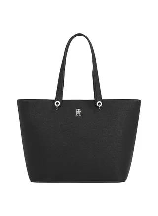 Women's Monogram Plaque Tote Handbag, Polyurethane, Black 
