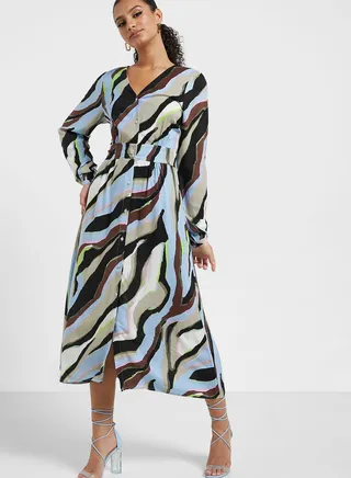 V-Neck Checked Puff Sleeve Dress 