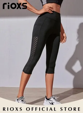Women's High Waisted Yoga Capri Pants With Side Pockets Stretch Mesh Workout Tummy Control Leggings For Sports 