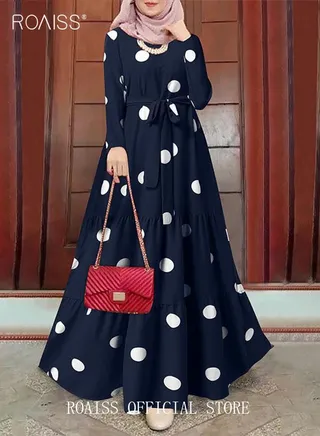 Women Spring Muslim Dress Elegant Casual Loose Abaya Long Sleeved Polka Dots Printed Maxi Robe 