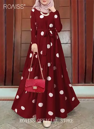 Women Spring Muslim Dress Elegant Casual Loose Abaya Long Sleeved Polka Dots Printed Maxi Robe 