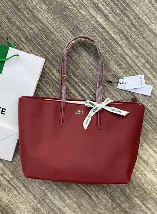Lacoste Women's Concept Fashion Versatile Large Zipper Tote Bag Tote Bag Shoulder Bag Large Size Dark wine red 
