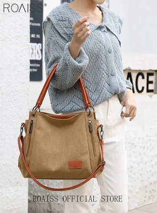 Large Capacity Shoulder Tote Bag Casual Canvas Handbag Crossbody with Long Strap Multi Pocket for Young Women Teenagers School Shopping 