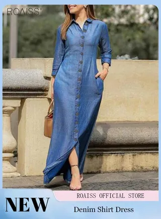 Women's Casual Shirt Dress Loose Fit Button Closure Dress With Pockets On Both Sides Lightweight Long Dress 