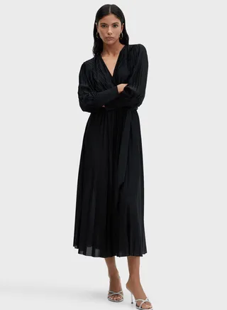Tie Detailed Puff Sleeve Plisse Dress 