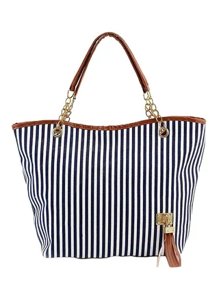 Stripe Print Zipper Tote Bag Black/White 