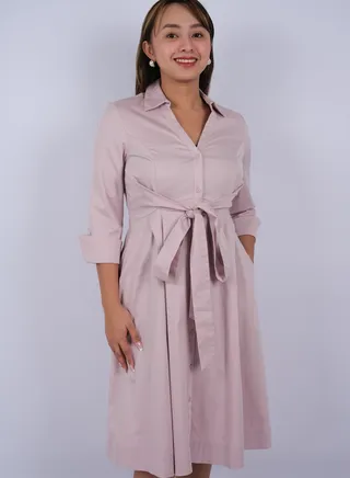 Women's Waist Tie-Up Pleated Dress in  Pinkish Red 