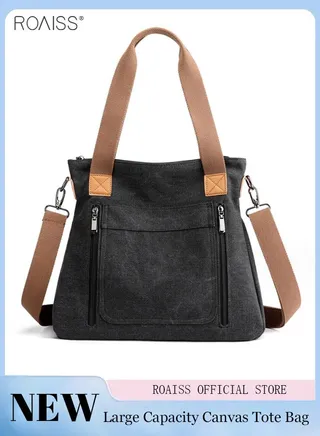 Women's Fashion Canvas Tote Bag Large Capacity Multi Pocket Handbag Hardware Practical Fabric 
