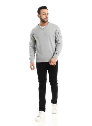 Heather Light Grey V-Neck Acrylic Pullover 