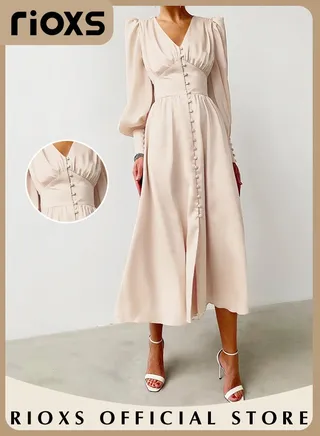 Women's Fashion Satin Dress Lantern Sleeve V-neck Maxi Dress High Waist Bodycon Casual Solid Dress 