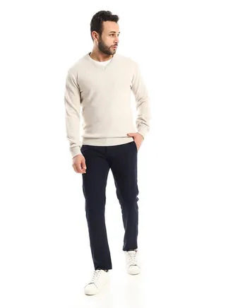 V-Neck Knitted Heather Light Beige Pullover 