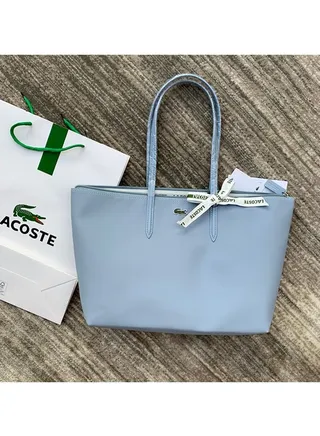Lacoste Women's Concept Fashion Versatile Large Capacity Zipper Handbag Tote Bag Shoulder Bag Large Size Linen blue 