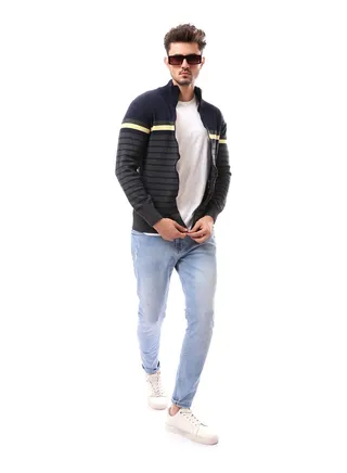 Fly Zipper Navy Blue Patterned Pullover_Navy Blue 